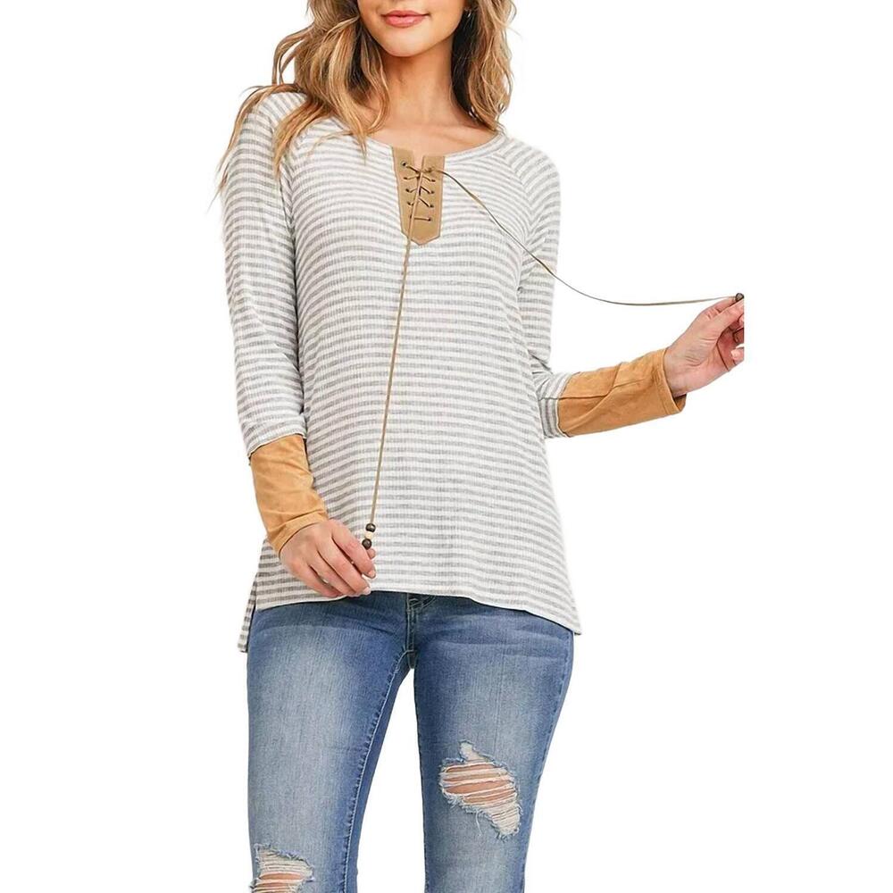 NEW POTTER'S POT lace up stripe top in gray
